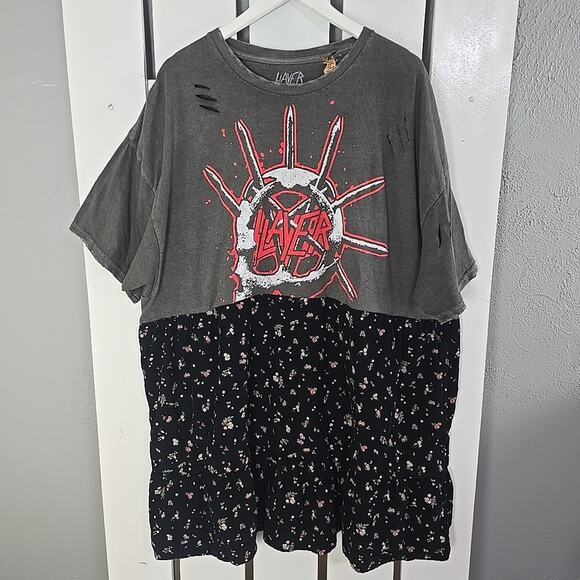 Slayer Metal Band Tshirt‎ Dress XXXL Grey Black Corduroy Floral Ditzy Handmade - Picture 1 of 7